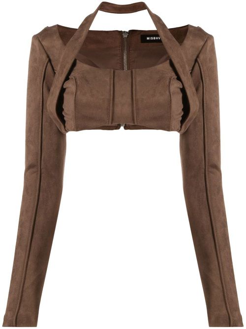 Faux-suede long-sleeved crop top - Brown