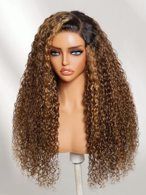 UNice 13x4 Bye Bye Slip™ Lace Frontal Brown with Caramel Highlights Glueless Curly Wig with Dark Root