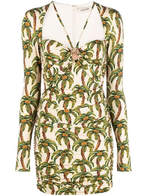 Palm tree-print mini dress - Neutrals
