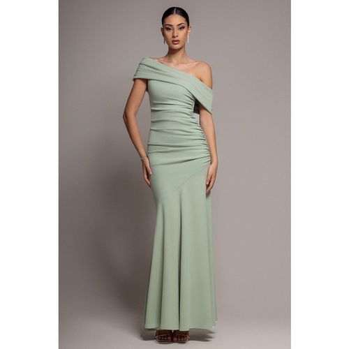 Goddiva Pleated One Shoulder Bardot Fit And Flare Maxi Dress - Sage Green