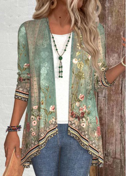 Modlily Denim Blue Patchwork Floral Print Long Sleeve Light Cardigan