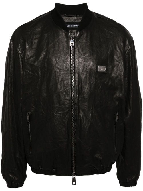 Crinkled leather bomber jacket - Black