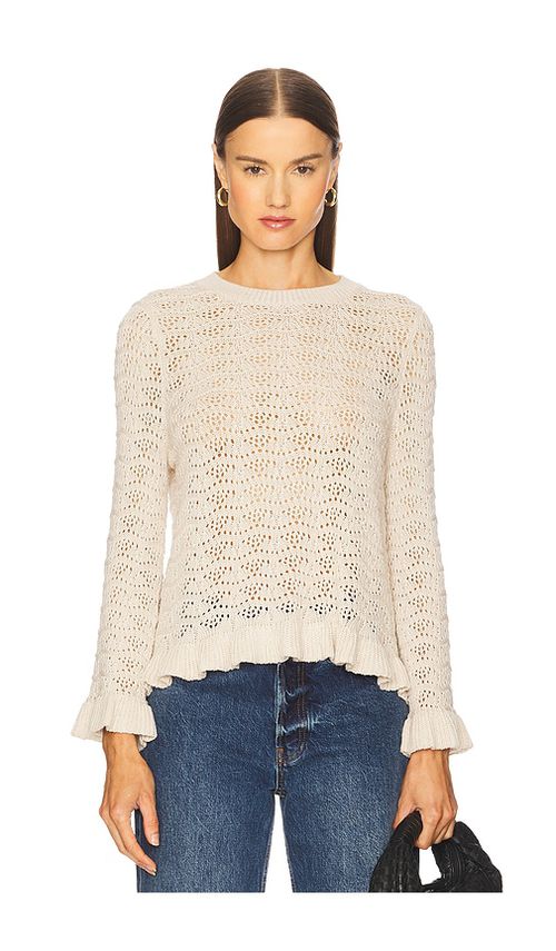 Autumn Cashmere Pointelle Ruffle Edge Crew Top in Neutral. M. Also in