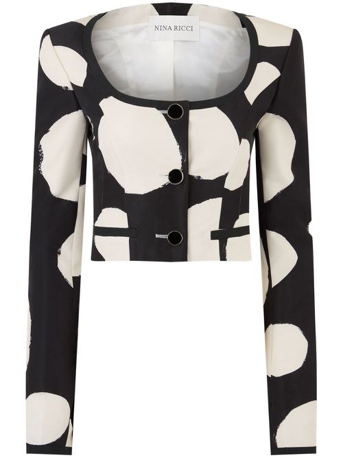 Round-neck patterned crop jacket - Black