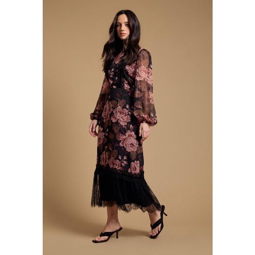 Oasis Women's Yoryu Chiffon Printed High Neck Maxi Dress in Black