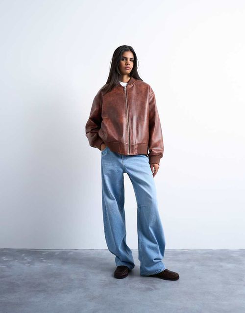 Faux leather vintage wash oversized collarless bomber jacket in tan-Brown