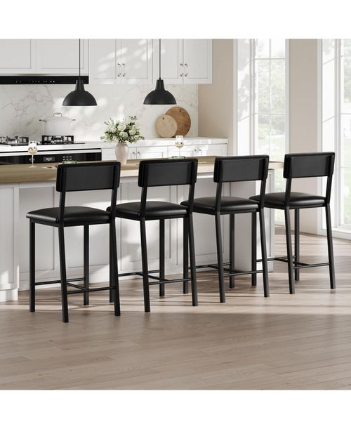 Set of 4 Leather Bar Stools with Backrest, Footrest and Cushion