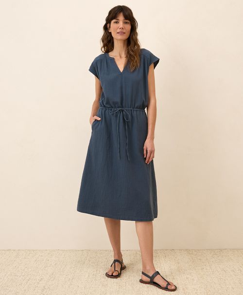Women's French Navy Coastal Double Gauze Tie Waist Midi Dre