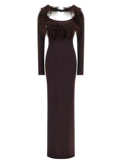 Ostrich Feather-Trimmed Viscose Dress — Brown