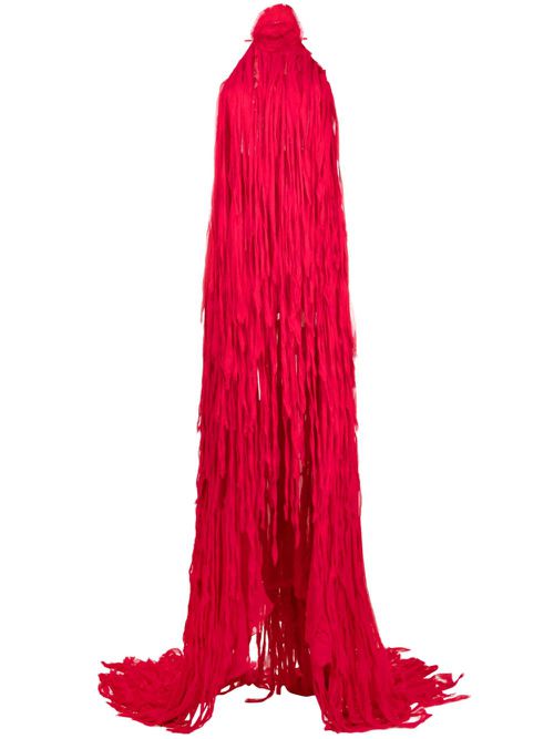 Fringe-design halterneck long dress - Red