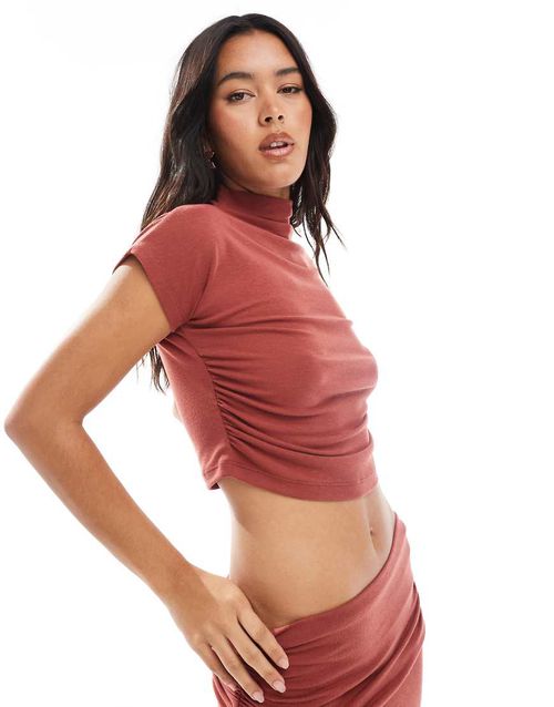 Ruched side high neck short sleeve top in rust - part of a set-Orange