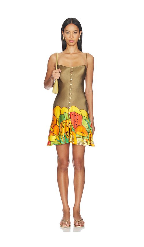 Donde Esteban Frutas Silk Satin Mini Dress in Metallic Gold,Orange. XS. Also in