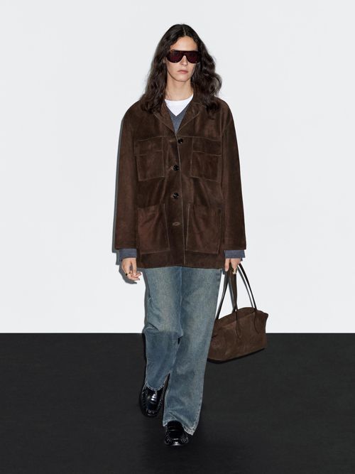 Split Suede Leather Jacket With Pockets - Brown