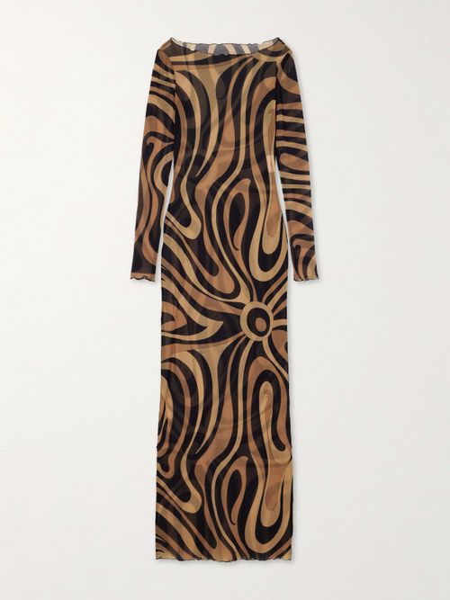 Printed Mesh Maxi Dress