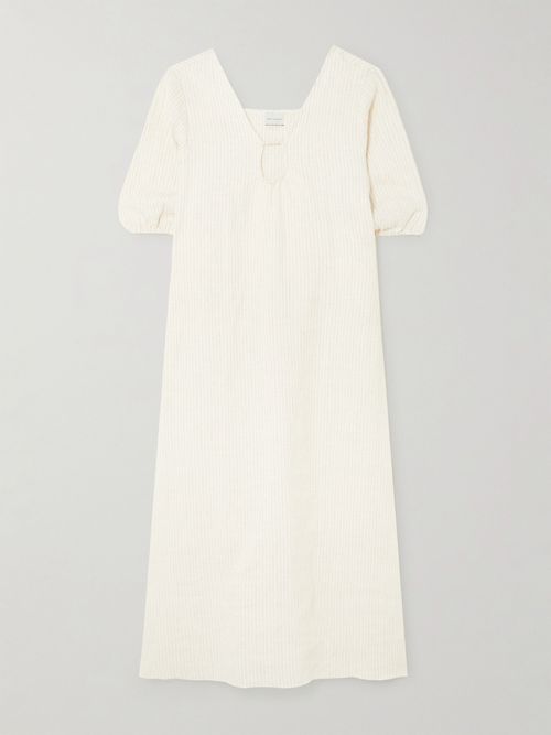 Squared Cutout Striped Linen Midi Dress - Cream