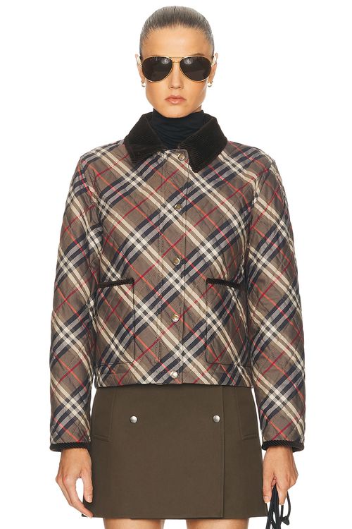 Burberry Cropped Quilted Jacket in Moss Brown & Ink Grey - Charcoal.  XS also in L