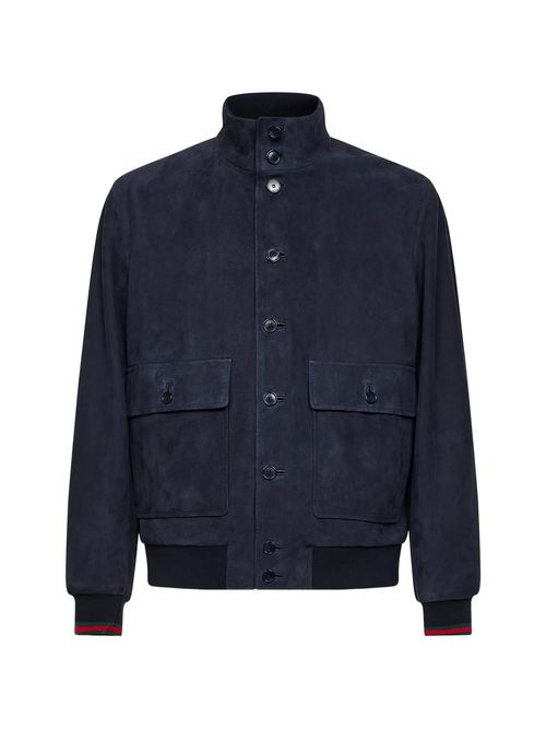 Stand-Collar Leather Jacket with Dropped Shoulders and Flap Pockets