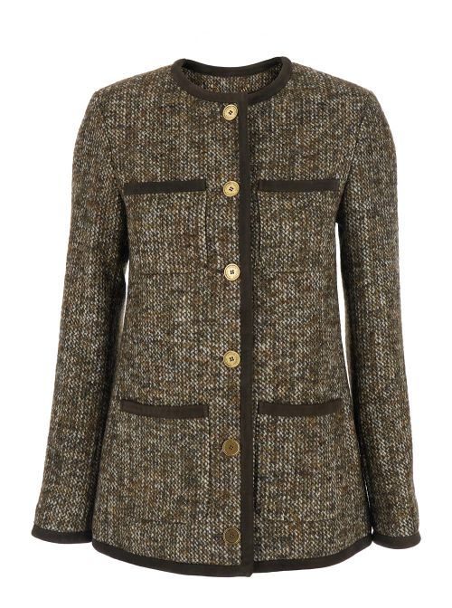 Wool Blend Crew Neck Blazer — Brown