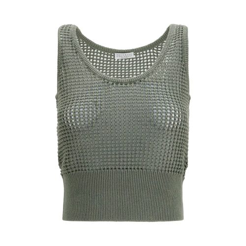Open-Knit Cotton with Sequins Tank Top — Green