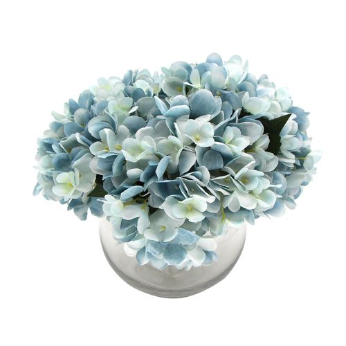 Premium Faux Hydrangea With Glass Vase Artificial Flowering Blue Hydrangea