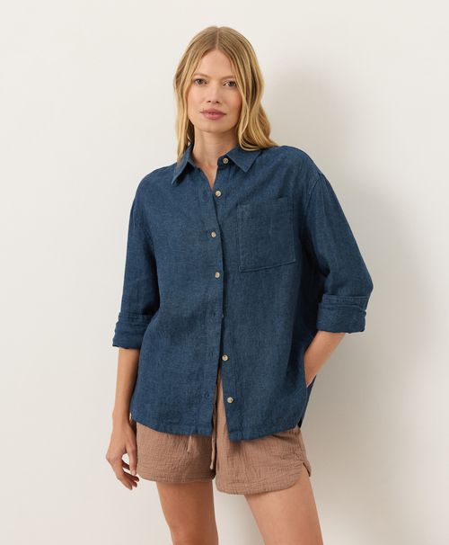 Women's Navy Yarn Dye Linen Relaxed Shirt