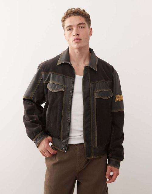 Leather look bomber jacket with contrast cord panels in black