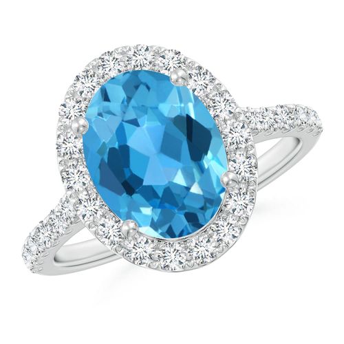 Angara 3.25 Carats Prong-Set Oval Swiss Blue Topaz Halo Ring with Diamonds in Platinum