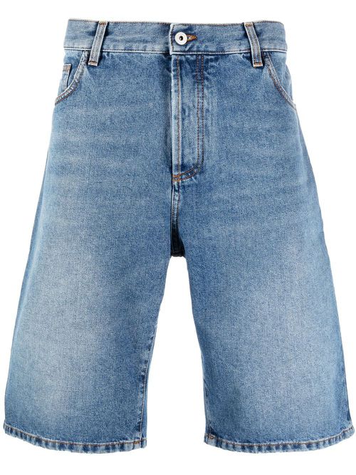 Cross embroidered knee-length denim shorts - Blue