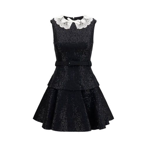 Sequin Bouclé with Lace Collar Dress — Black
