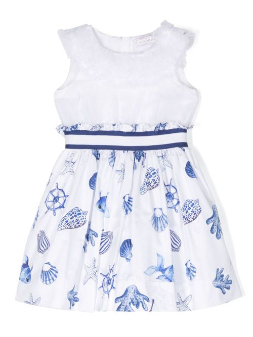 Sea life-print flared cotton dress - White