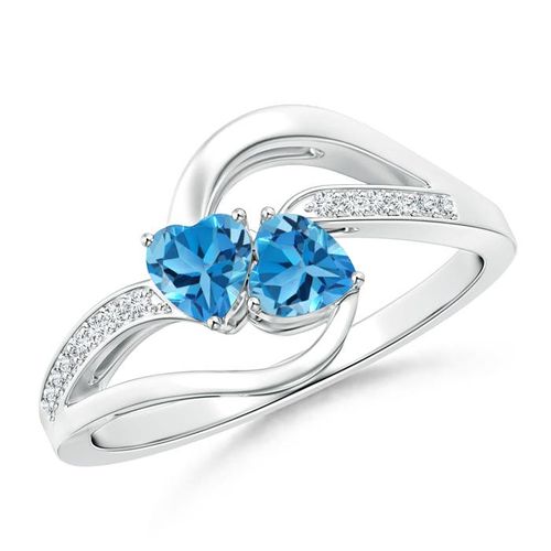 Angara 0.64 Carat Two Stone Heart Swiss Blue Topaz Bypass Ring with Diamonds in Platinum