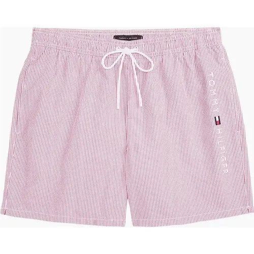 Tommy Hilfiger Men's Original Stripe Mid Length Swim Shorts, Ithaca White/Medium Red - Blue