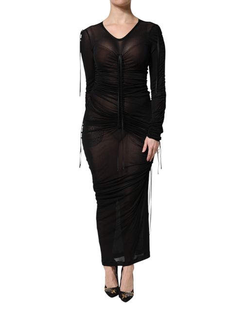 Mesh-Trim Bodycon Dress — Black