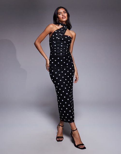 Printed polka dot bandeau maxi dress with scarf detail in black