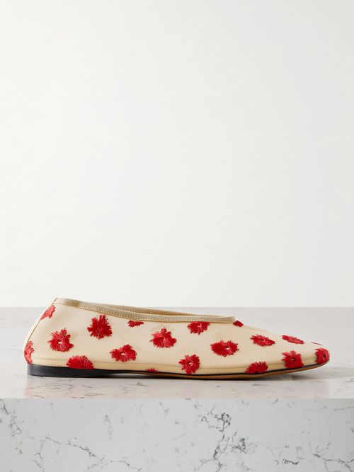 Tee Embroidered Mesh Ballet Flats - Cream