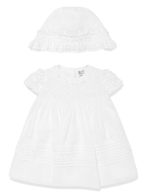 Smocked-detailed flared dress and hat set - White