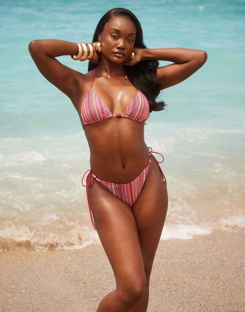Crochet tie side bikini bottoms with bead details in pink multi