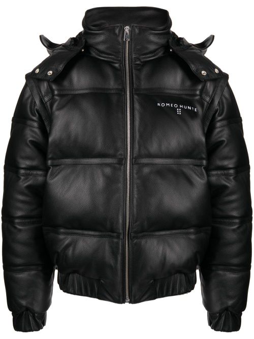 Pebbled-texture leather puffer jacket - Black