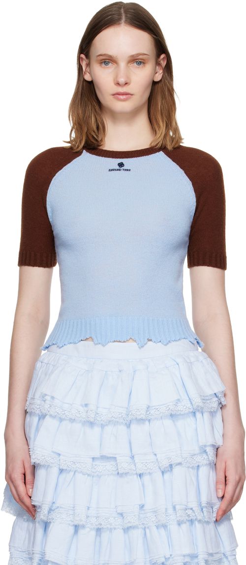 Blue & Brown Color-Block Raw-Edge Short-Sleeve Knit Top