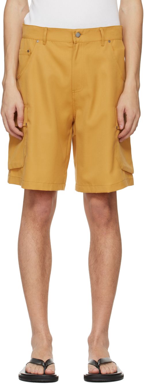 Yellow Riveted Linen Cargo Shorts