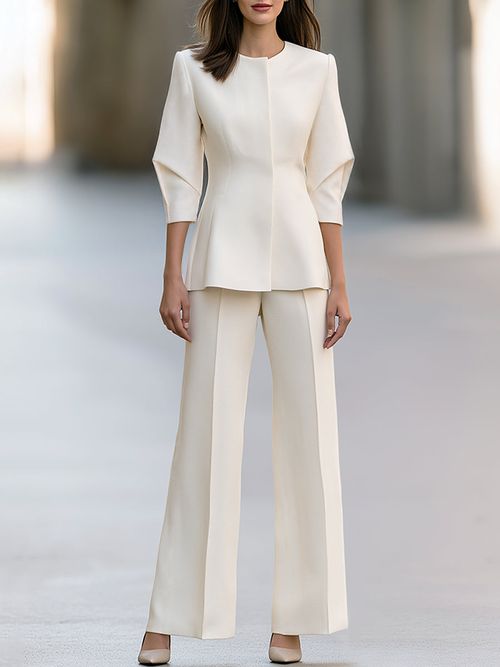 Sculpted Sleeve Peplum Jacket And Wide-Leg Pants Set - Ivory