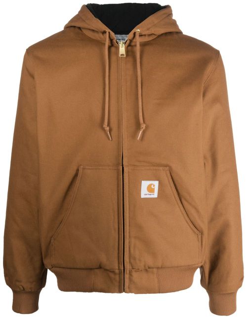 Logo-patch cotton hooded jacket - Brown