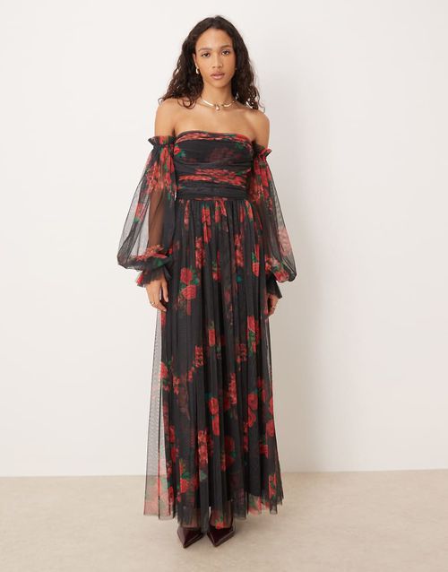 Off the shoulder balloon sleeve tulle maxi dress in black rose-Multi