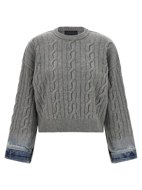 Cable-Knit Cotton with Denim Cuffs Sweater — Gray