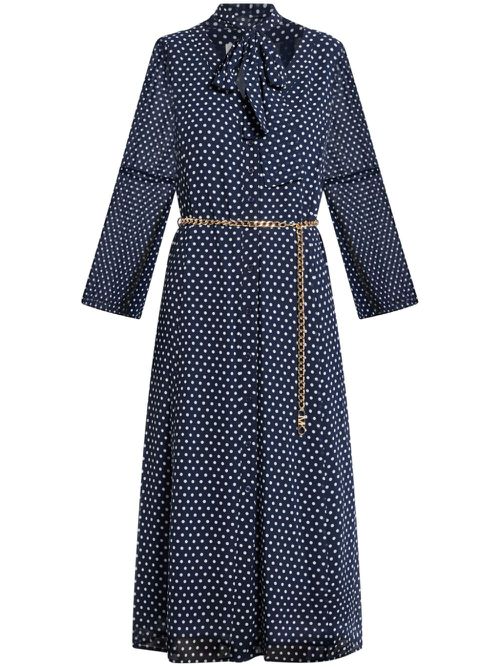 Polka-dot belted midi dress - Blue