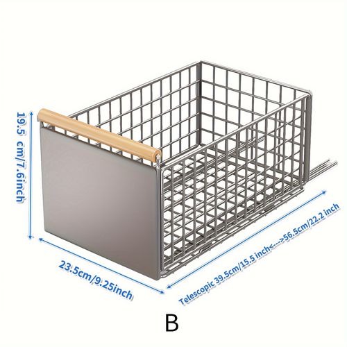 TEMU Modern Metal Pull-out Organizer Basket With Wooden Handle, Multipurpose Single Kitchen Storage Rack For Cabinet And Bathroom, Under Sink