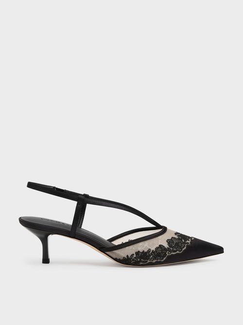 Charles & Keith - Satin Embroidered-Mesh Slingback Kitten Heels