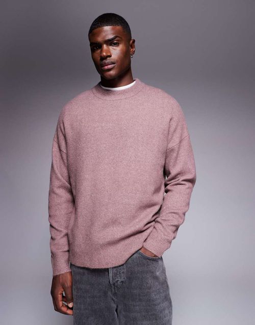 Oversized brushed knit crew neck sweater in mauve-pink