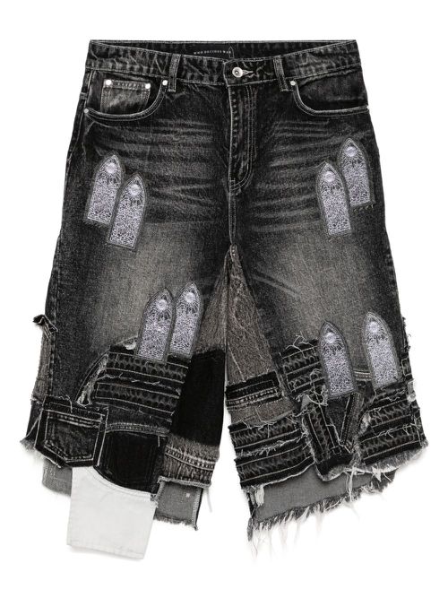 Who Decides War patched arch blowout denim shorts - Grey