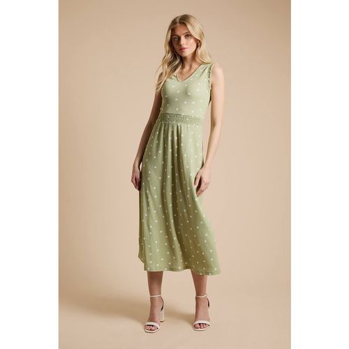 Dorothy Perkins Women's Green Spot V Neck Shirred Waist Printed Jersey Midi Dre